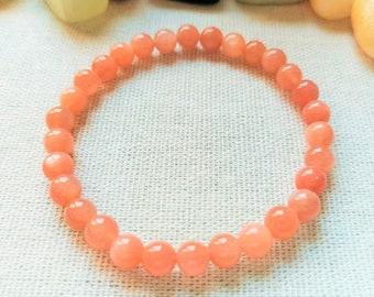 Sun Stone - Adjustable Stretch Bracelet in Natural Stones - 6 mm Smooth Round Beads. Polished Lithotherapy Stones