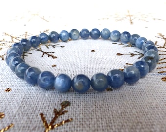 Kyanite Adjustable Stretch Bracelet in Natural Stones - 6 mm Smooth Round Balls. Polished Lithotherapy Stones