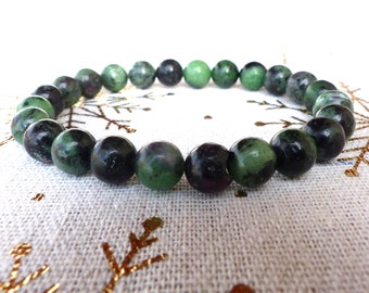 Ruby on Zoisite Adjustable Stretch Bracelet in Natural Stones - 6 mm or 8 mm Smooth Round Balls. Lithotherapy Stones