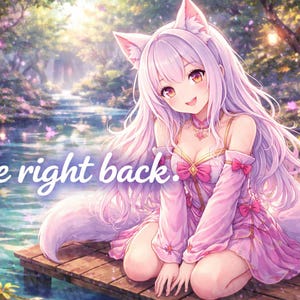Könnte beinhalten: Anime-Illustration eines Mädchens mit Fuchsohren und einem flauschigen Schwanz, das ein rosa Kleid trägt und auf einem Holzsteg kniet. Das Bild hat ein Fantasy-Thema mit einem Fluss, Blumen und dem Text "Be right back."