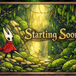 Könnte beinhalten: Digitales Kunstwerk mit einer Figur aus dem Videospiel Hollow Knight. Die Figur, in einem roten Umhang, steht vor einem grünen und goldenen Hintergrund mit den Worten "Starting Soon". Das Kunstwerk ist im Stil eines Glasfensters gehalten.