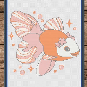 May include: A pink and orange fish with white stripes and a flower on its head. The fish is surrounded by white stars and pink bubbles.