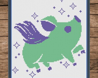 Green and Purple Flying Pig Cross Stitch Pattern Instant Download PDF