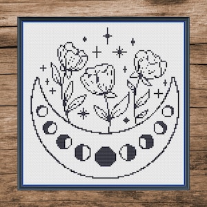 Floral Moon Line Design Cross Stitch Pattern Instant Download PDF