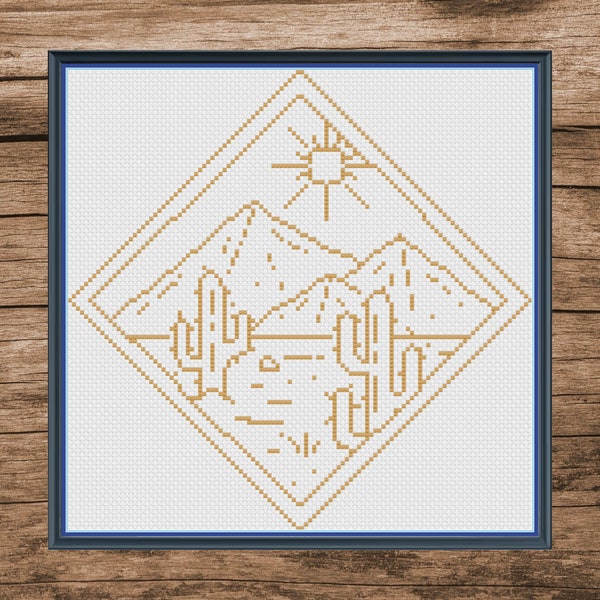 Framed Desert Cactus Line Design Cross Stitch Pattern Instant Download PDF