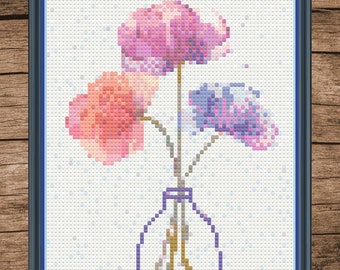Acuarela flores coloridas en jarrón patrón de punto de cruz Descarga instantánea PDF