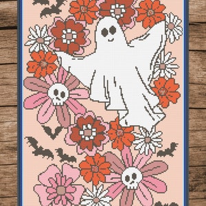 Floral Fall Ghost Cross Stitch Patroon PDF Vleermuizen Schedel Bloem