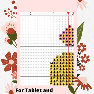 Puede incluir: Un patr&oacute;n de punto de cruz para un proyecto peque&ntilde;o, con un dise&ntilde;o de coraz&oacute;n amarillo y rosa. El patr&oacute;n se muestra en una cuadr&iacute;cula con n&uacute;meros y letras para referencia. El texto "For Tablet and Smartphone" est&aacute; debajo de la cuadr&iacute;cula.