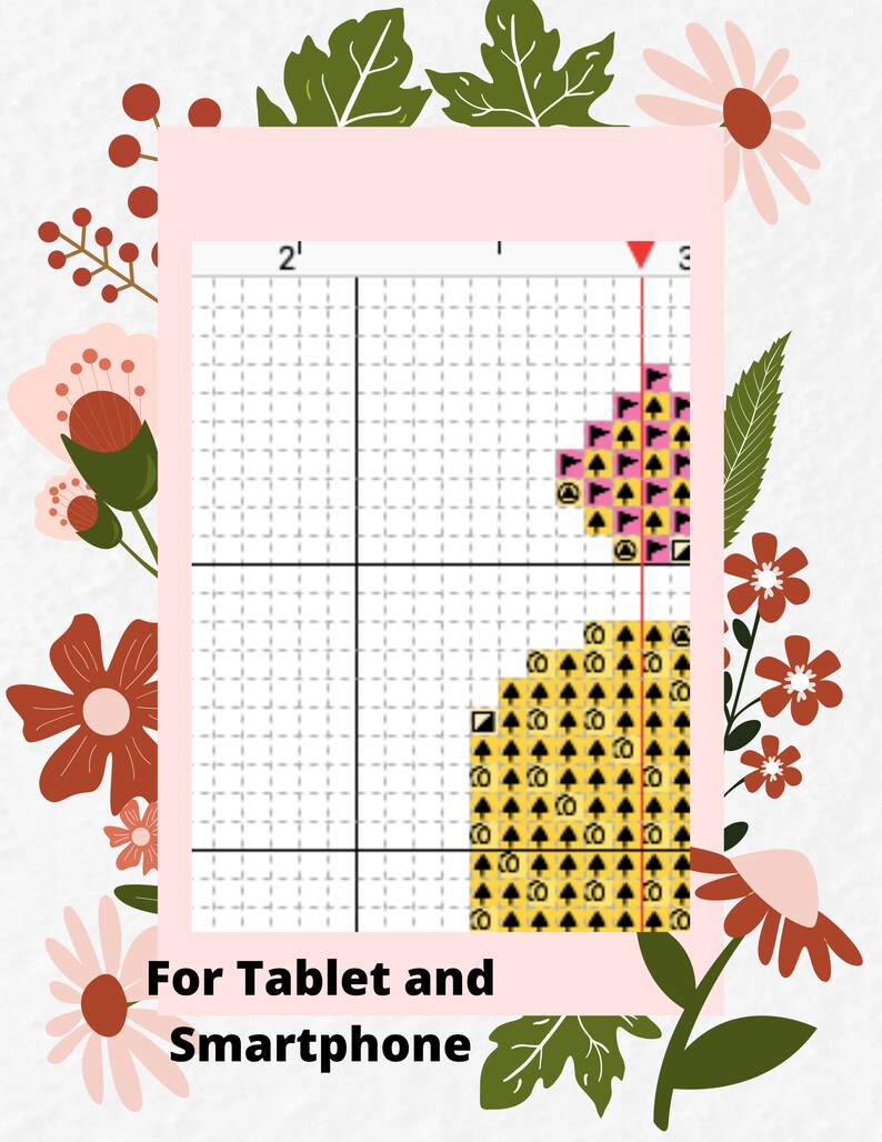 Puede incluir: Un patr&oacute;n de punto de cruz para un proyecto peque&ntilde;o, con un dise&ntilde;o de coraz&oacute;n amarillo y rosa. El patr&oacute;n se muestra en una cuadr&iacute;cula con n&uacute;meros y letras para referencia. El texto "For Tablet and Smartphone" est&aacute; debajo de la cuadr&iacute;cula.