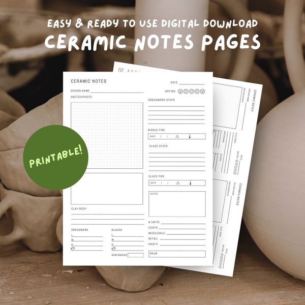 Ceramic Notes with Cover Page, Pottery Journal, Printable Ceramic Journal, Ceramic Log, Digital Pottery Notes