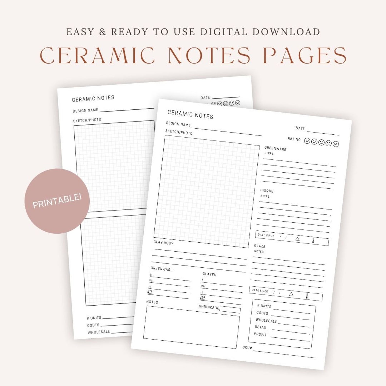 Ceramic Notes, Pottery Journal, Printable Ceramic Journal, Ceramic Log