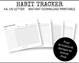 May include: Four printable habit tracker designs in black and white. The designs include a grid, a dotted grid, a lined grid, and a blank grid. Each design has space for a name, month, and year.