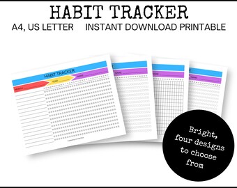 May include: Four printable habit tracker designs in A4 or US Letter size. Each design features a different grid style and colour scheme: yellow, red, blue, and purple.