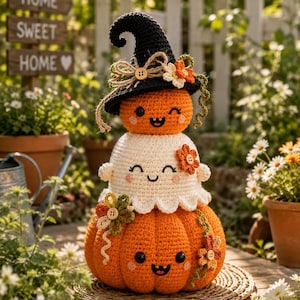 Puede incluir: Una decoración de ganchillo apilada que presenta una base de calabaza naranja grande, una sección central de fantasma blanco y una calabaza naranja pequeña en la parte superior con un sombrero de bruja negro. Cada sección tiene una cara sonriente.