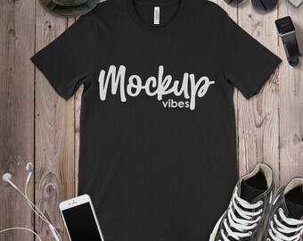 Mock, T-Shirt Mockup Short Sleeves Flat Lay Tee Shirt Mock up, wooden floor, Bella Canvas 3001