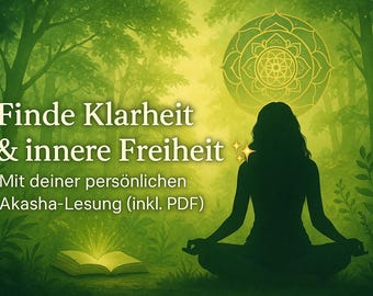 May include: A digital art image with a green and yellow color scheme. The image features a silhouette of a person meditating in a forest setting. Text in German reads "Finde Klarheit & innere Freiheit" and "Mit deiner persönlichen Akasha-Lesung (inkl. PDF)".