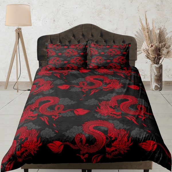 Housse de couette en coton dragon rouge housse de couette de créature mythique, ensemble de literie d’art japonais housse de couverture de chambre pour adolescents, couvre-lit réversible