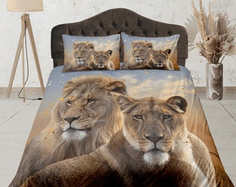 Housse de couette en coton Lions, housse de couette pour couple, ensemble de literie safari, housse d'animal sauvage, couvre-lit réaliste pour chambre d'adultes