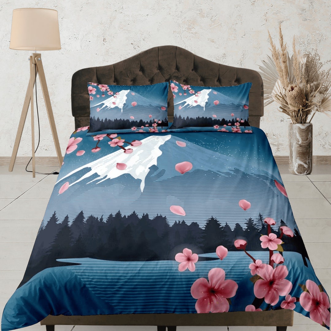 Mount Fuji Cotton Duvet Cover Cherry Blossom Quilt Cover Etsy