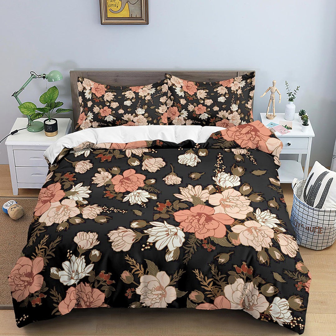 Mid Century Modern Black Floral Duvet Cover Queen King Boho Etsy