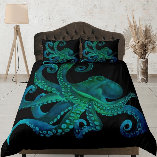 Large Octopus Cotton Duvet Cover Sea Animal Quilt Cover, Kids Bedroom Bedding Set Nursery Room Blanket Cover, Reversible Bedspread