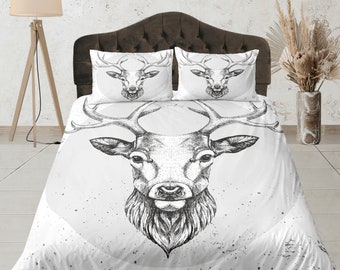 Deer Head Cotton Duvet Cover Hunters Trophy Quilt Cover, Adults Bedroom Bedding Set Hunter Room Blanket Cover, Retro Bedspread
