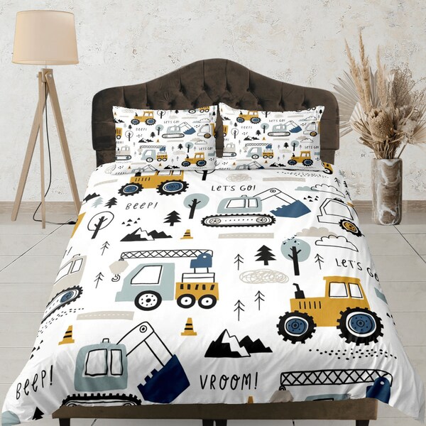 Construction cotton duvet cover excavator quilt cover, heavy equipment bedding set kids bedroom blanket cover, toddlers bedspread