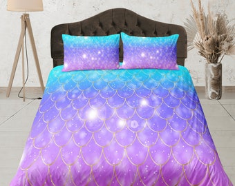 Fish scale cotton duvet cover geometric quilt cover, purple pink bedding set girly bedroom blanket cover, enchanting bedspread