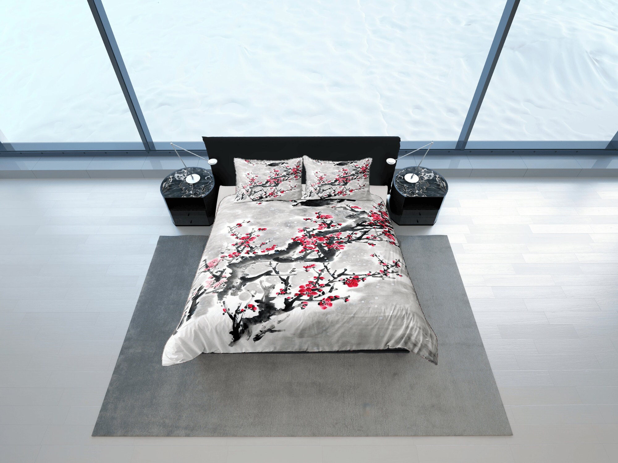 Sakura Tree Cotton Duvet Cover Cherry Blossom Quilt Cover, Japanese Art