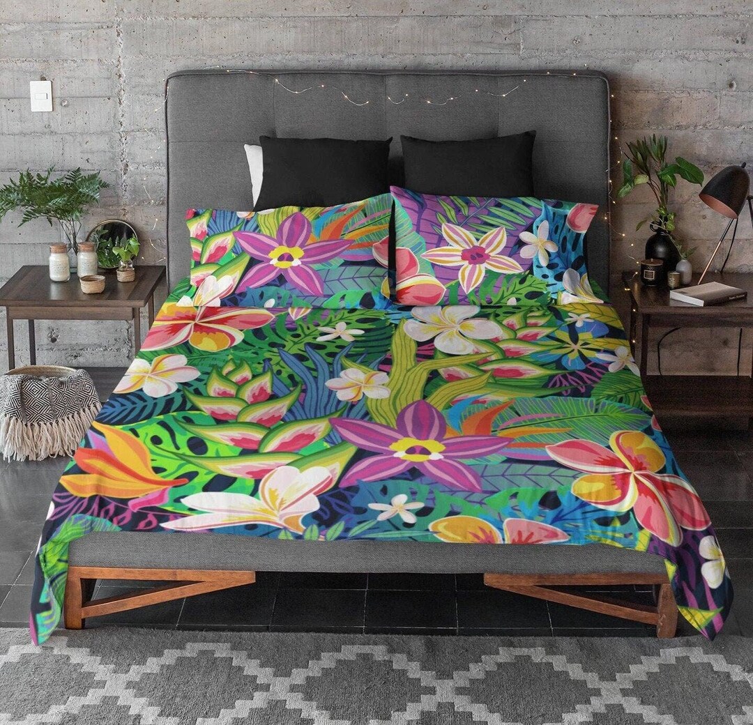 Tropical Colorful Biophilic Bedding Floral Duvet Cover Queen Etsy