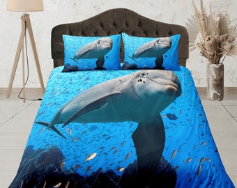 Housse de couette en coton dauphin housse de couette sous-marine, ensemble de literie réaliste housse de couverture de poissons, couvre-lit bleu couvre-lit de chambre à coucher pour adolescents