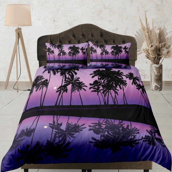 Purple Beach Sunset Duvet Cover Cute Quilt Cover, Coconut Tree Bedding Set Teens Room Blanket Cover, Shabby Chic Bedspread Zipper Bed Cover