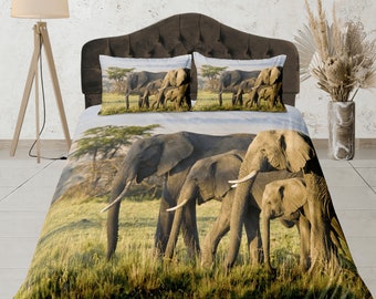 Elefantenfamilie Bettbezug Realistischer Steppbezug, Safari Bettwäsche Set Tierliebhaber Schlafzimmer Deckenbezug, Kinderzimmer Tagesdecke