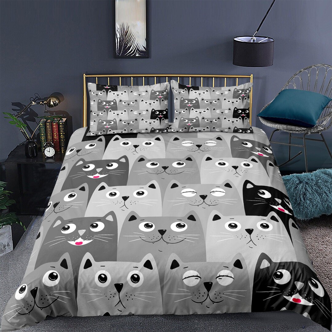 Grey Cat Bedding Cute Duvet Cover Set Kids Bedding Full Etsy