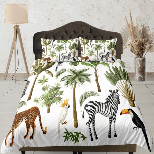 Zebra cotton duvet cover leopard quilt cover, coconut tree bedding set banana plant blanket cover, nature lover bedroom bedspread