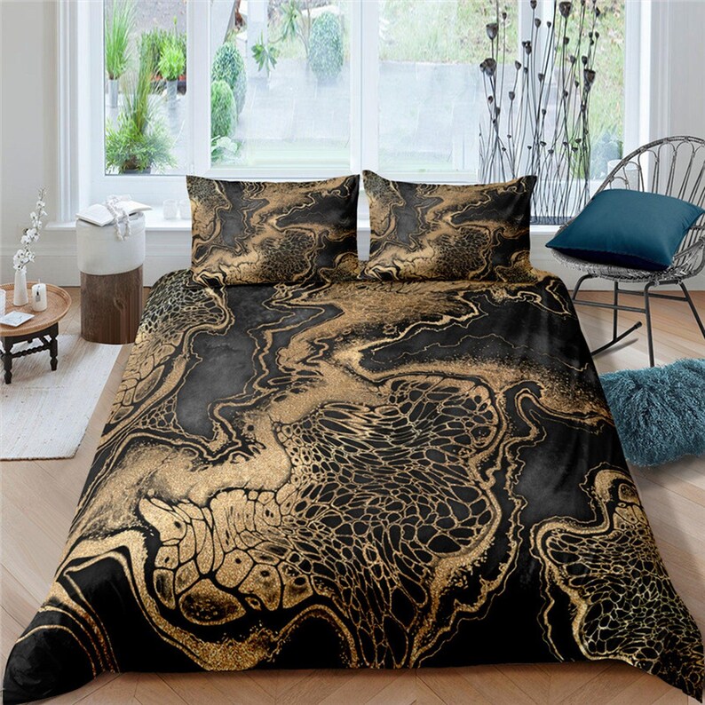 Gold Marble Swirl Black Duvet Cover Set Colorful Bedspread Etsy