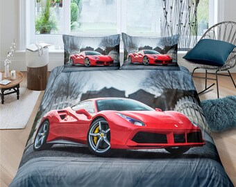 Luxury Red Sports Car Duvet Cover Set for Boys Bedroom, Zipper Comforter Cover, Car Lovers Gift, Dorm Bedding Set Full, Twin, Queen, King