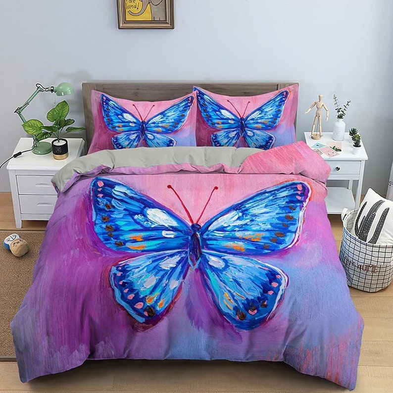 Artistic Blue Butterfly Bedding Boho Chic Aesthetic Pink Purple Duvet