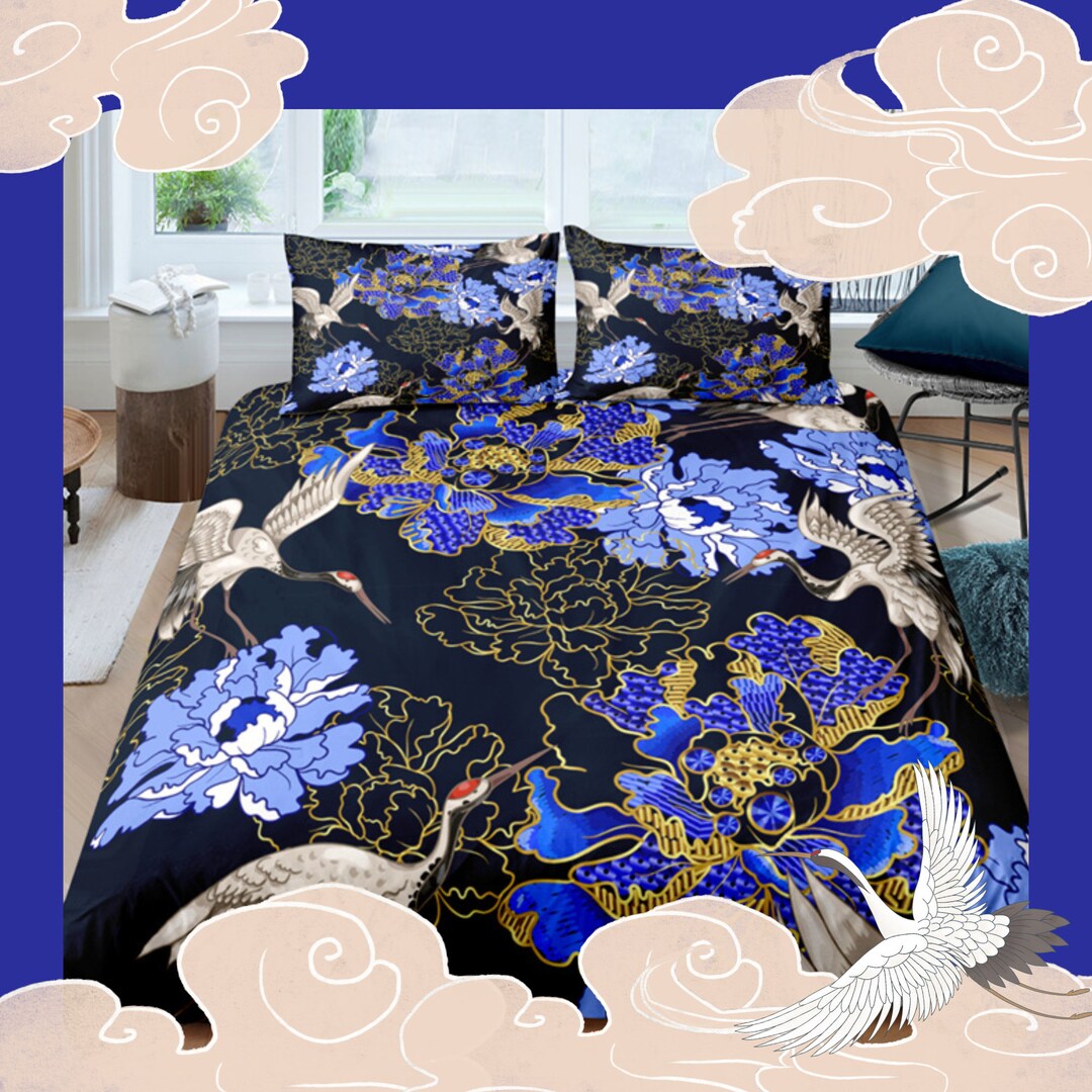 Dark Blue Japanese Bedding Set Duvet Cover Oriental Design Etsy