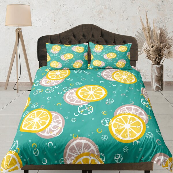 Lime cotton duvet cover thirst quencher quilt cover, lemonade bedding set refreshing blanket cover, teens bedroom bedspread