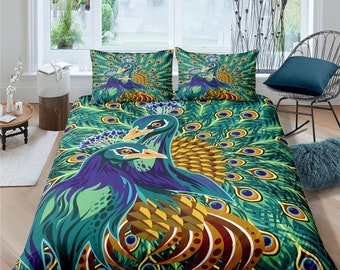 Blue and green peacock decor aesthetic bedding set full, luxury duvet