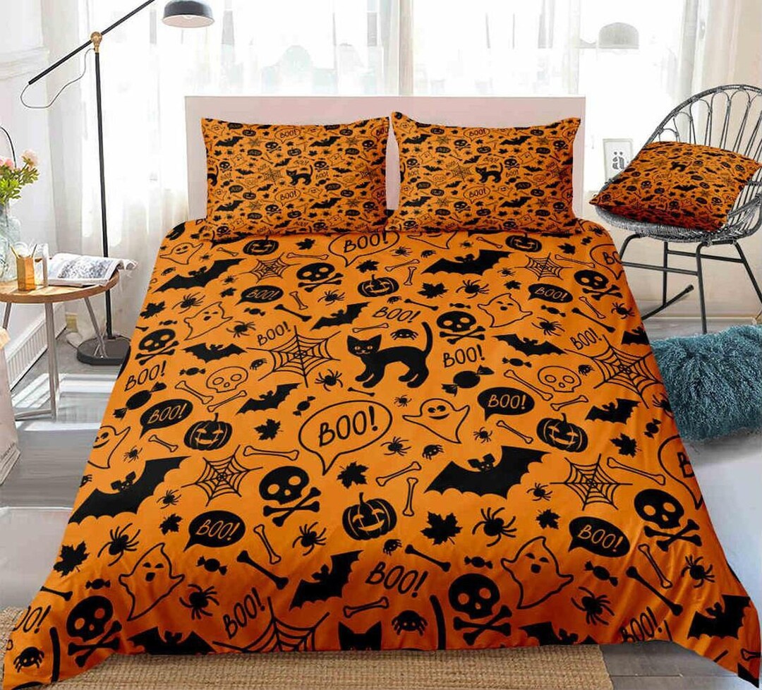Skull Bats and Cat Orange Halloween Bedding & Pillowcase Etsy