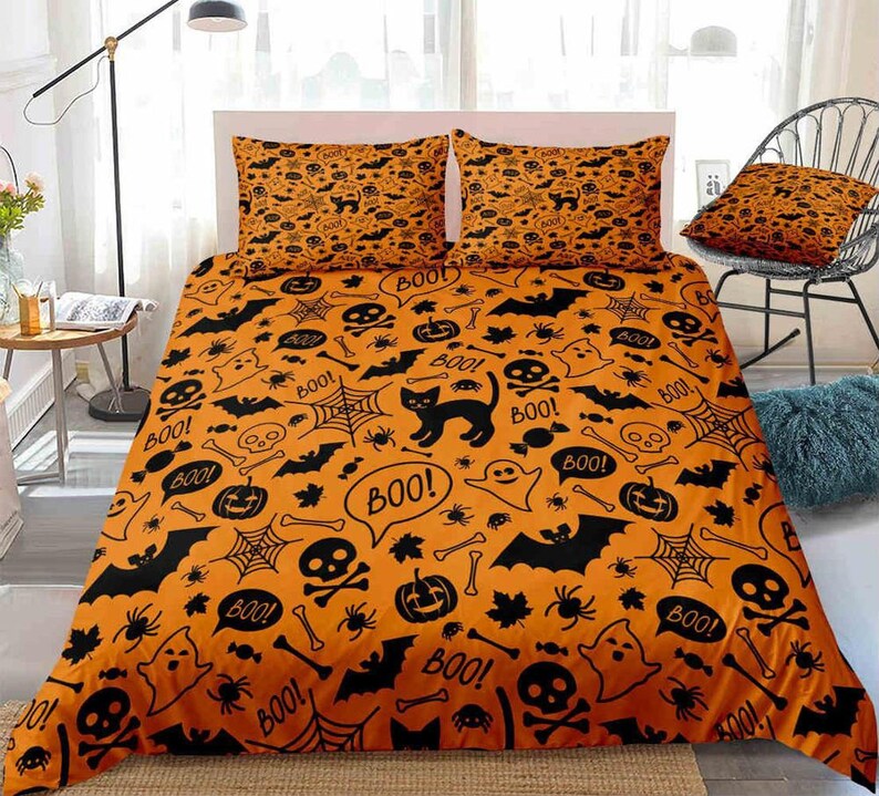 Skull Bats and Cat Orange Halloween Bedding & Pillowcase Etsy