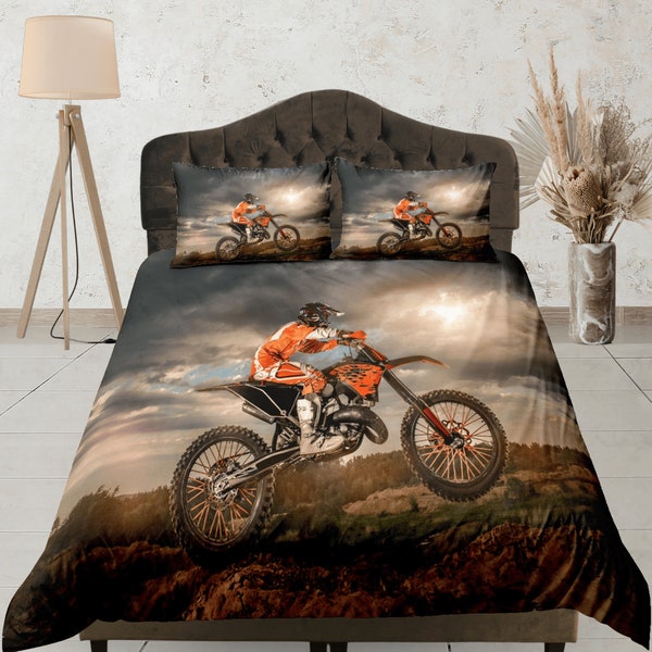 Enduro Duvet Cover Motocross Quilt Cover, Motorcycle Bedding Set Teens Bedroom Blanket Cover, Motorsport Lover Room Bedspread