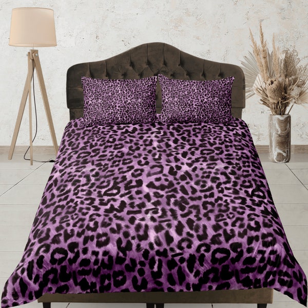 Purple leopards print cotton duvet cover safari vibe quilt cover, wild life ambiance bedding set girly bedroom blanket cover