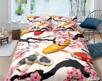 Japanese Koi Fish Duvet Cover Set Colorful Bedspread, Dorm Bedding with Pillowcase