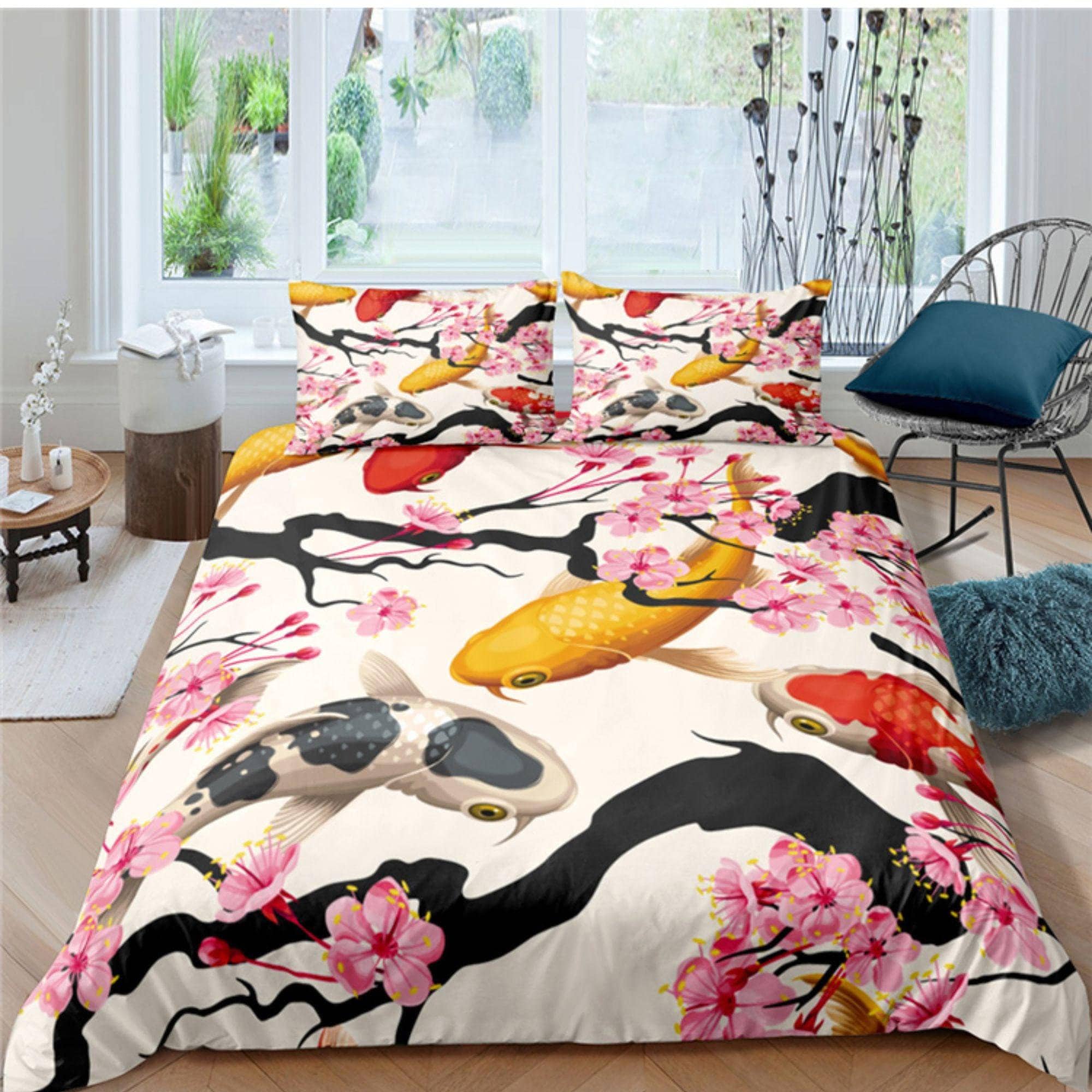 Koi Fish Lotus Pattern Print Duvet Cover Bedding Set