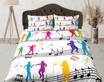 Music cotton duvet cover dance quilt cover, notes bedding set musicians bedroom blanket cover, colorful bedspread teens bedcover