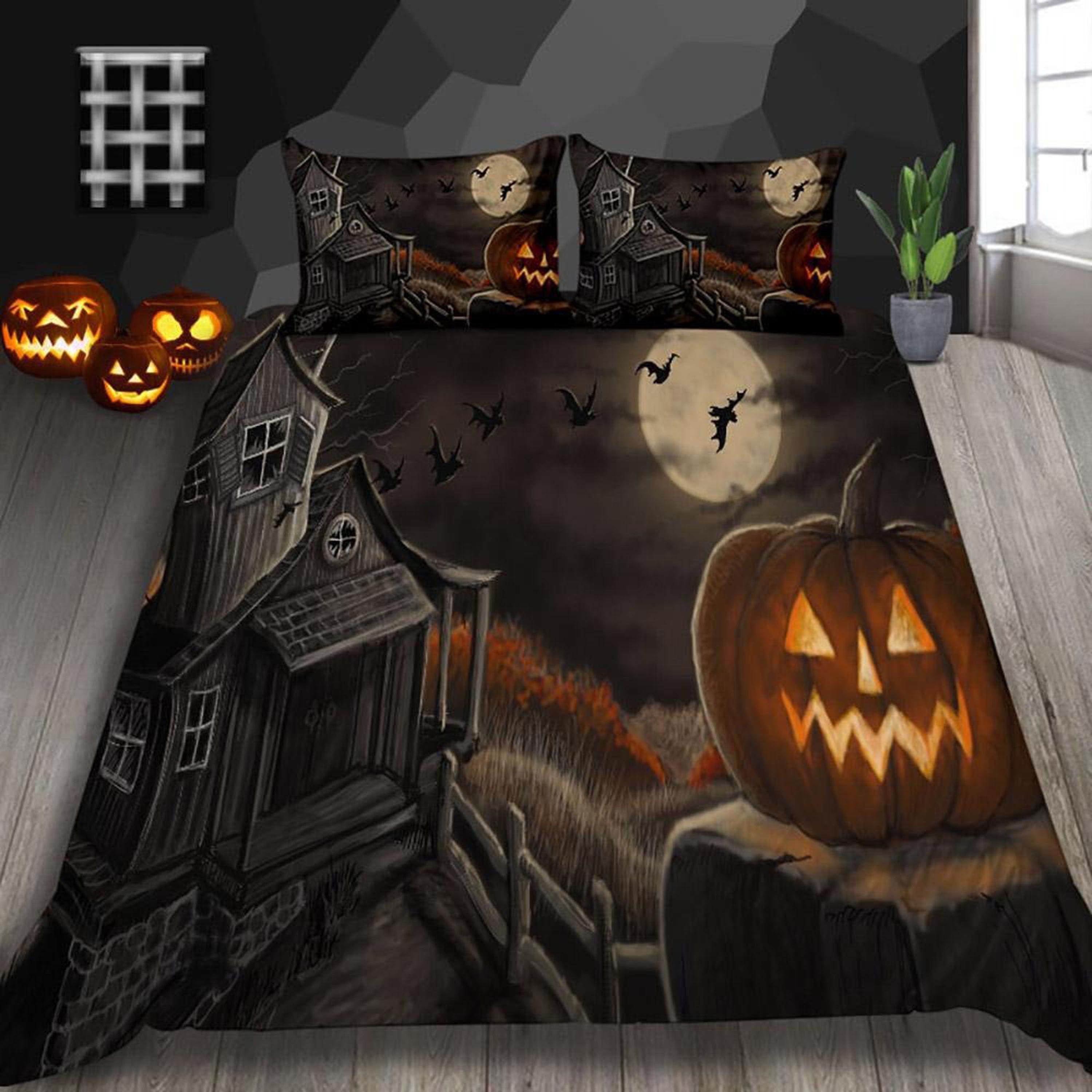 Haunted house pumpkin halloween bedding set