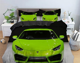 Bright Green Sports Car Duvet Cover Set for Boys Bedroom, Zipper Comforter Cover, Car Lovers Gift, Dorm Bedding Set Full, Twin, Queen, King